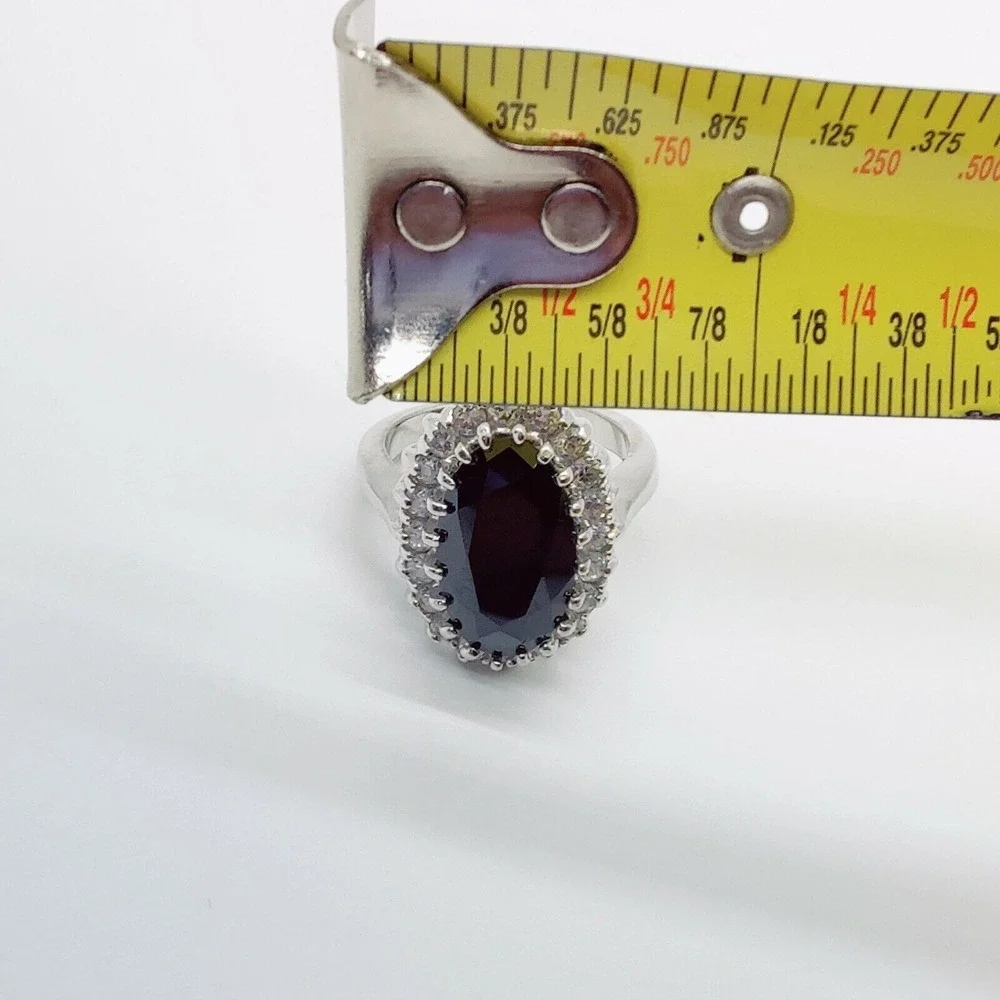 Oval Cut Black Gem CZ Halo Silver Tone Size 9 Statement Womens Cocktail‎ Ring